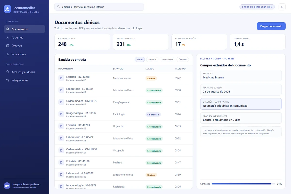 Consola de Lecturamedica: documentos clínicos con lectura asistida