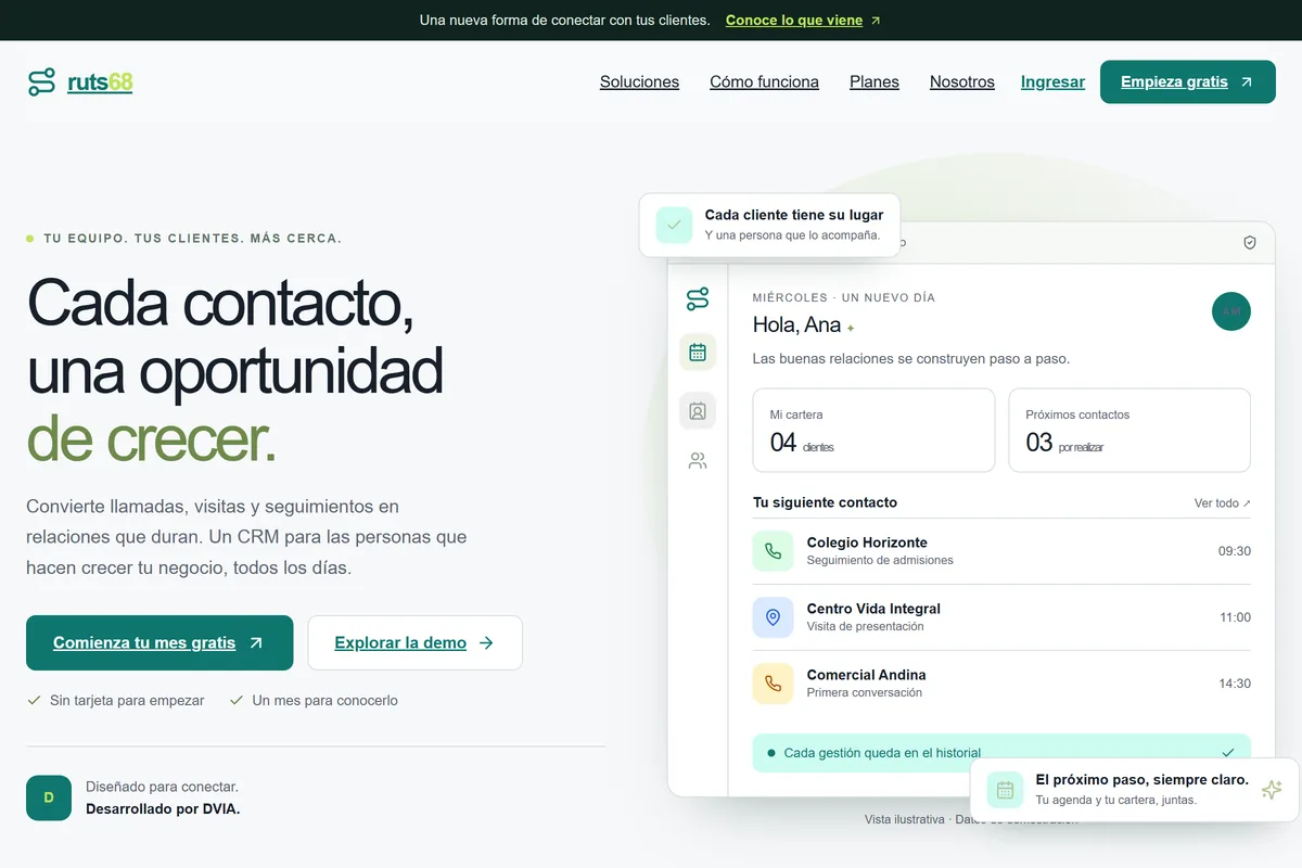 Interfaz de Ruts68: CRM con agenda del día y cartera de clientes